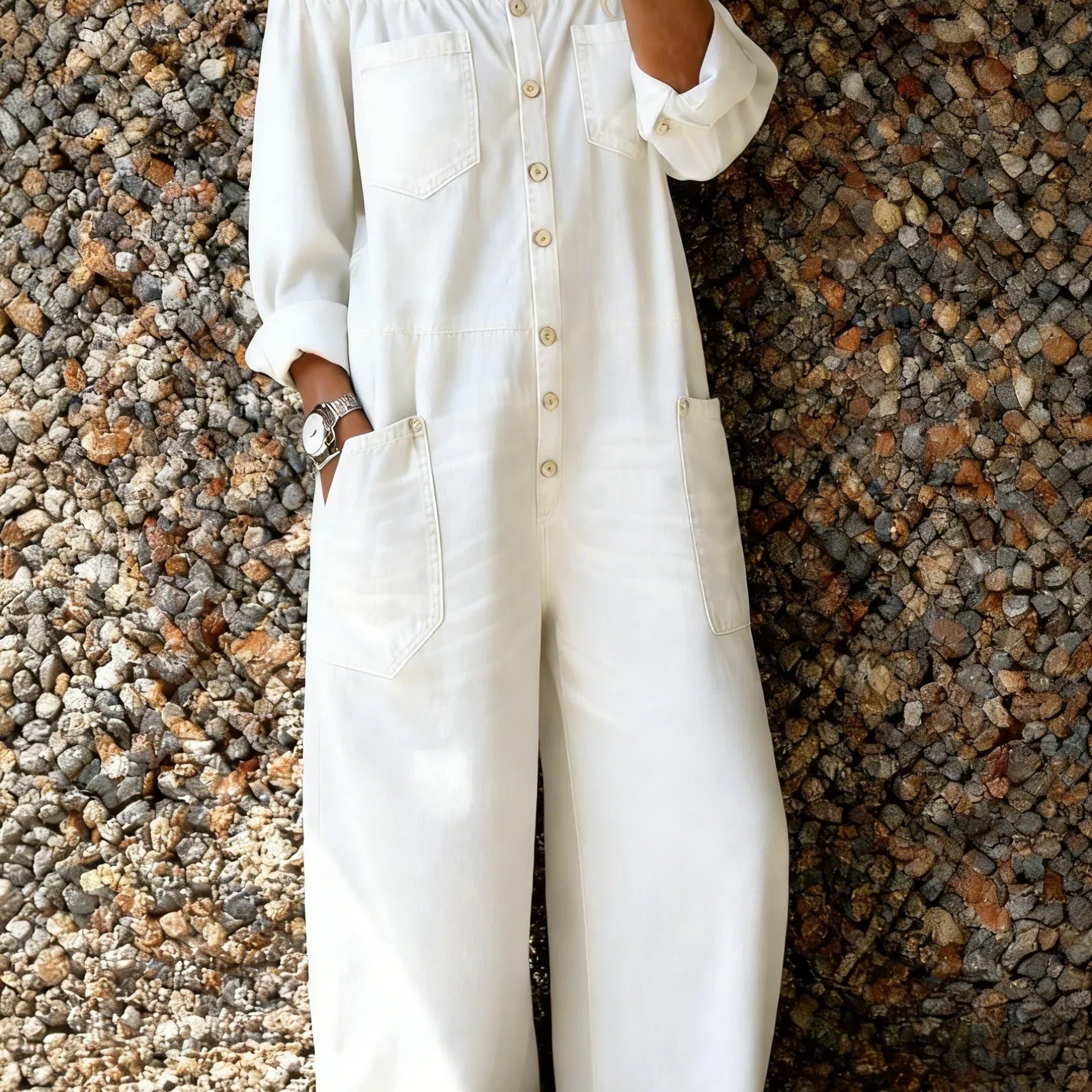 Noa | Jeans jumpsuit med off shoulder-urringning