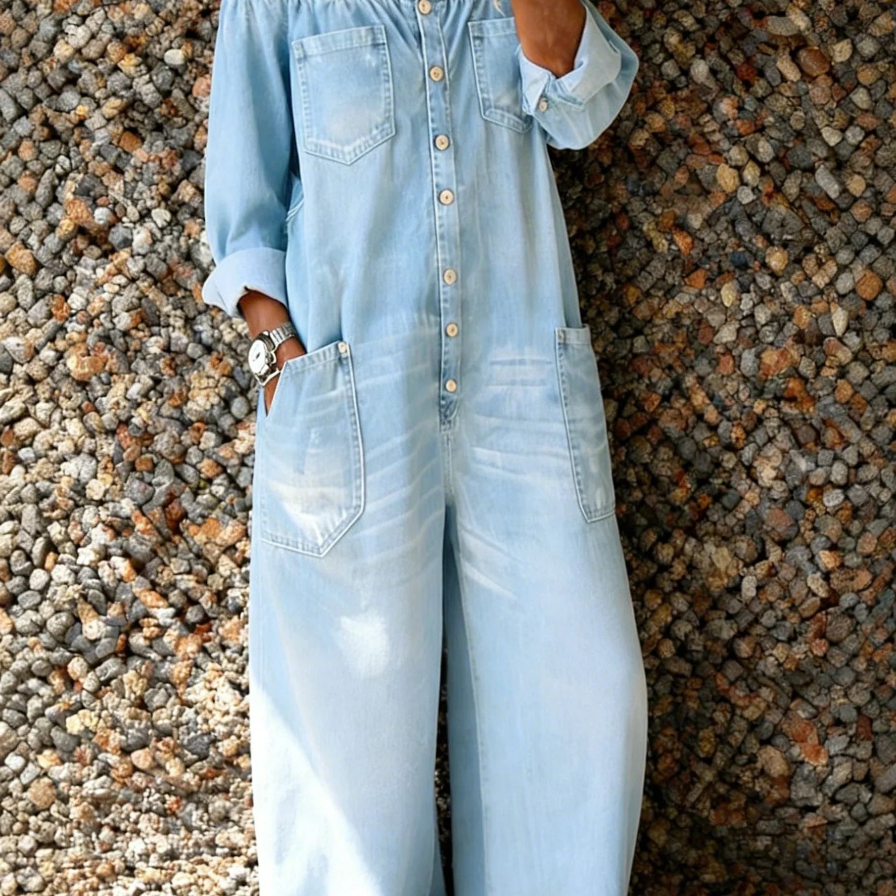 Noa | Jeans jumpsuit med off shoulder-urringning