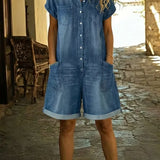 Elvora | Denim-playsuit med krage och korta ärmar